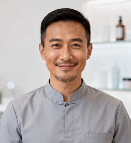 Smiling Asian man with short black hair wearing a gray medical or spa uniform in a bright, clean room.
