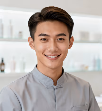 Smiling young Asian man wearing a gray traditional collar shirt in a bright room.