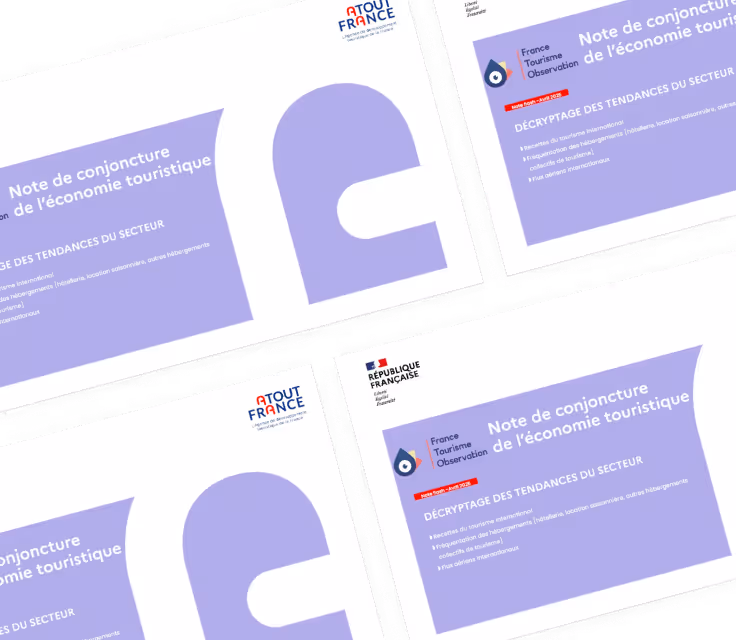 Four overlapping slides from a French tourism economics report titled 'Note de conjoncture de l'économie touristique,' featuring purple design elements and logos of Atout France and France Tourisme Observation.