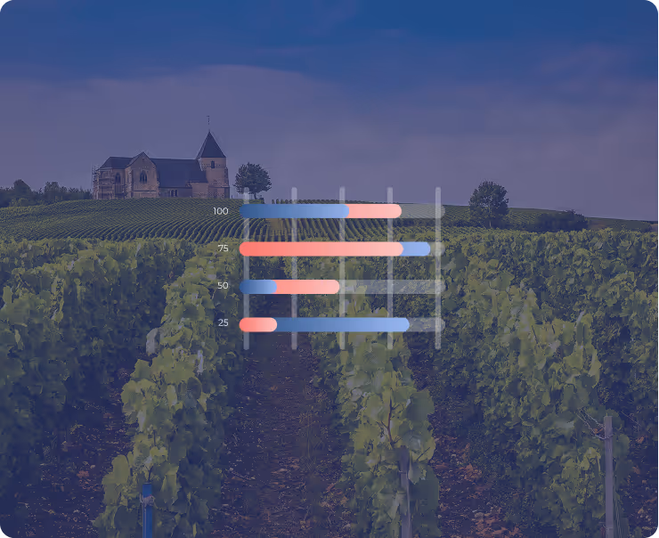Bar chart with blue and pink horizontal bars overlaid on a vineyard landscape with a stone church on a hill under a blue sky.