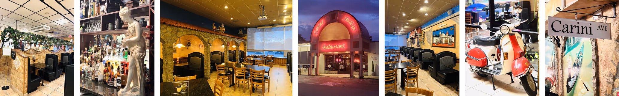 Interior and exterior views of Carini Italian Restaurant including dining booths, bar area with statue, tables with chairs, and a red vespa scooter by a Carini Ave sign.