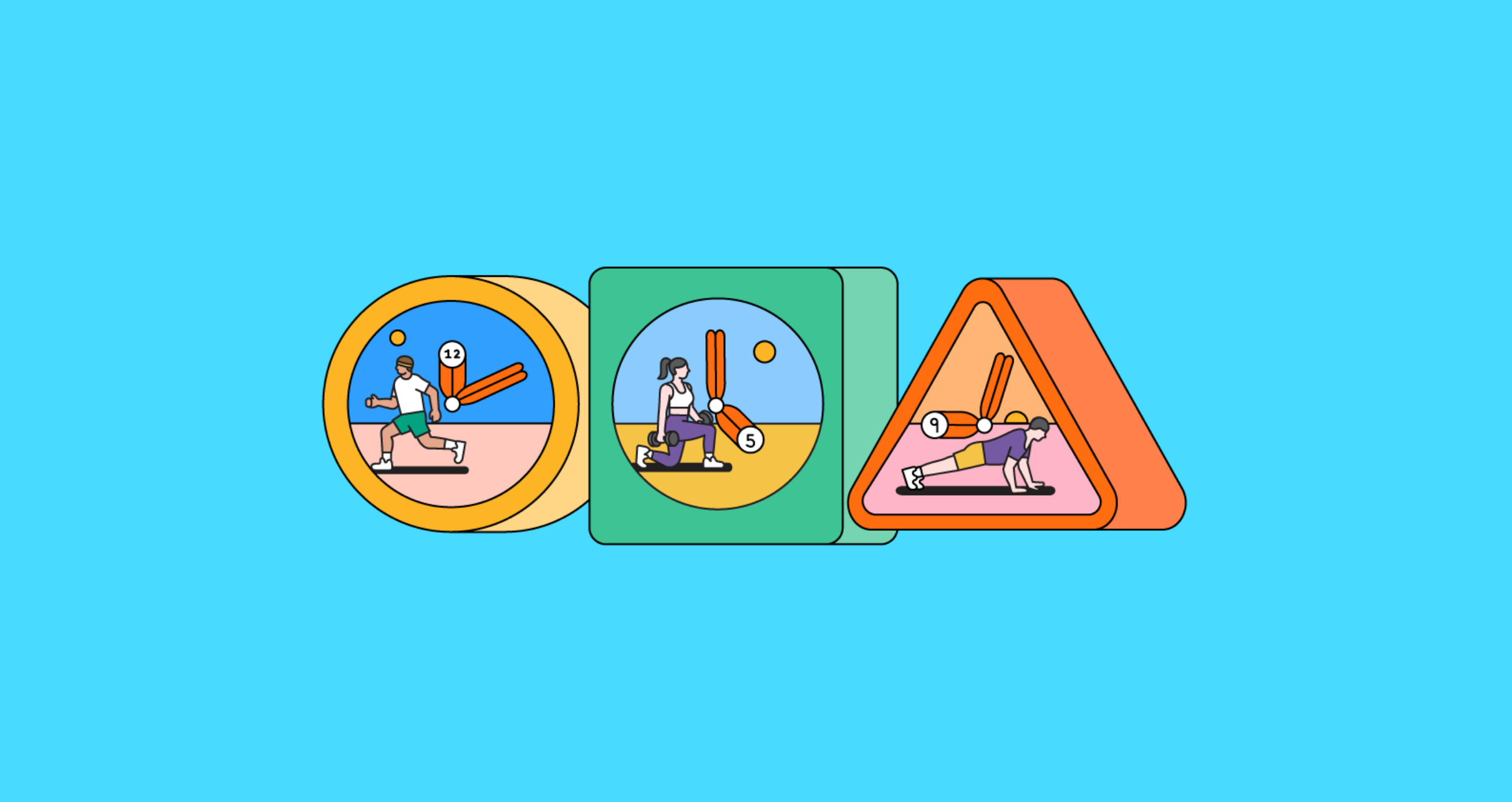 People working out at different times in the gym shown on a clock