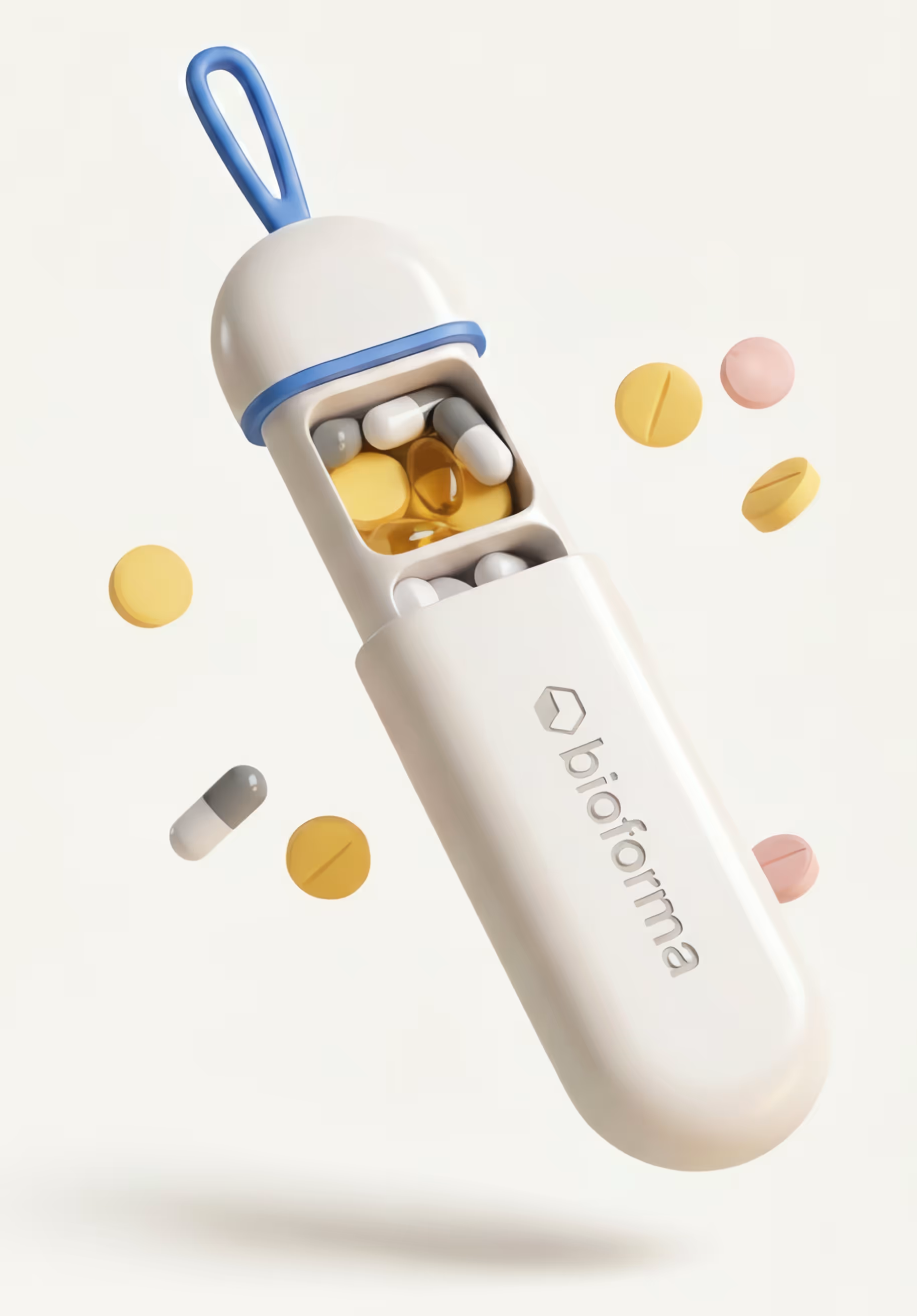White and blue pill container labeled bioforma with various yellow, pink, and capsule pills around it.