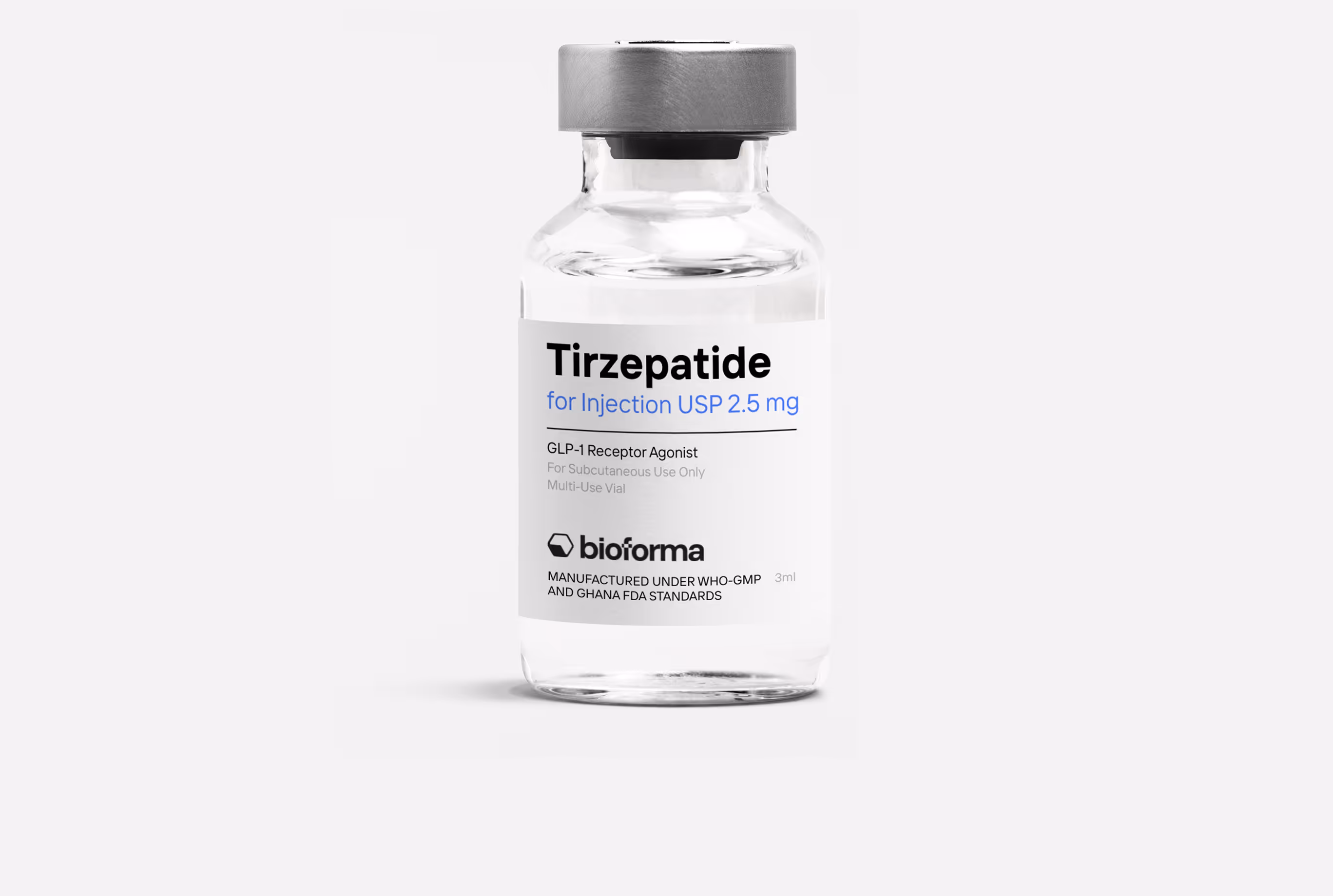 Clear glass vial labeled Tirzepatide for injection USP 2.5 mg by bioforma, a GLP-1 receptor agonist for subcutaneous use.