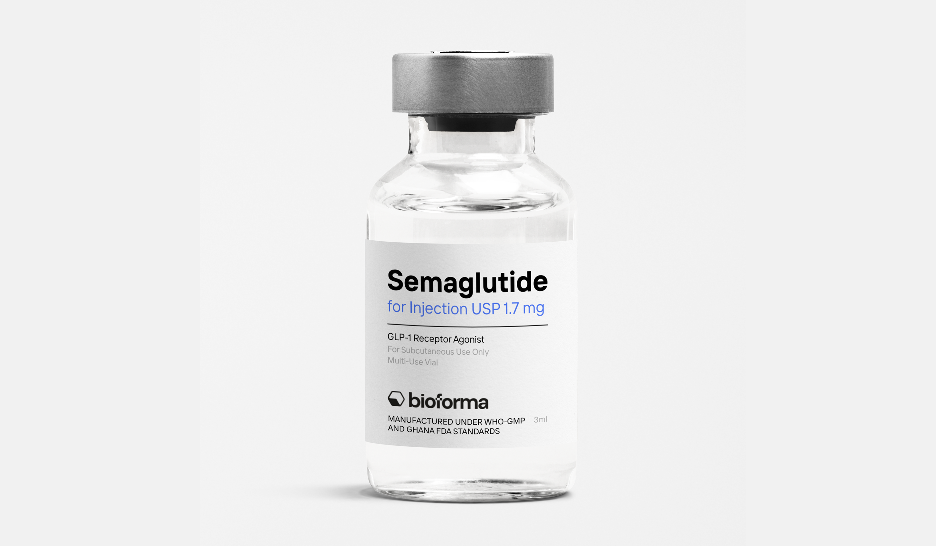 Clear glass vial labeled Tirzepatide for injection USP 2.5 mg by bioforma, a GLP-1 receptor agonist for subcutaneous use.