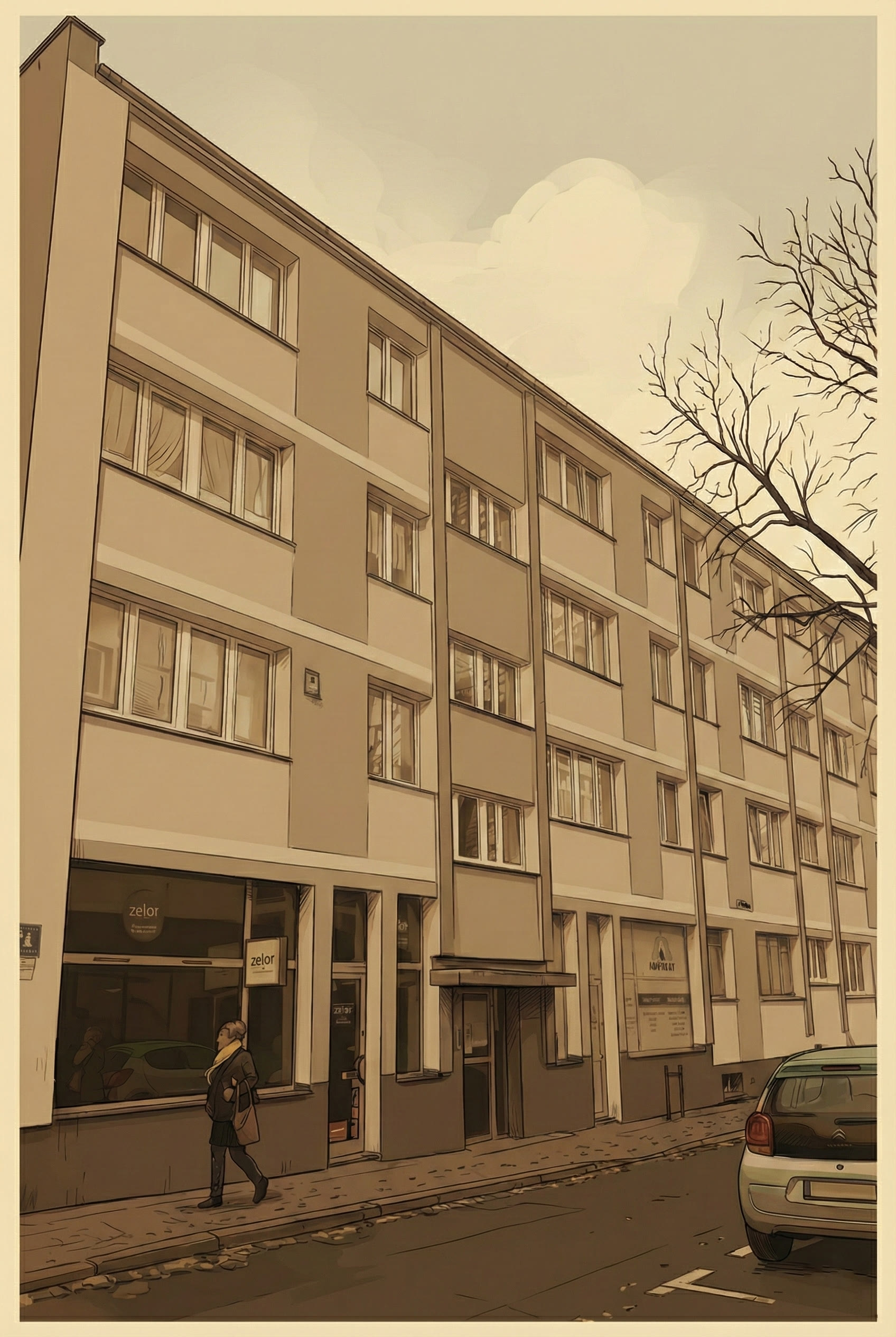 Four-story apartment building with multiple windows, a woman walking on the sidewalk, and a parked car on the street.