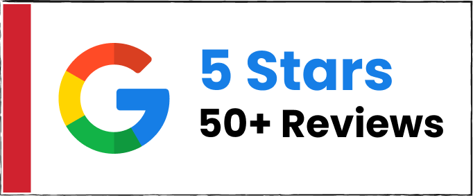 Google logo followed by text reading '5 Stars 50+ Reviews'.