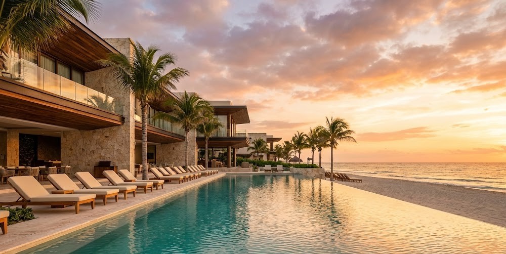 Luxury beachfront resort in Cancun at sunset