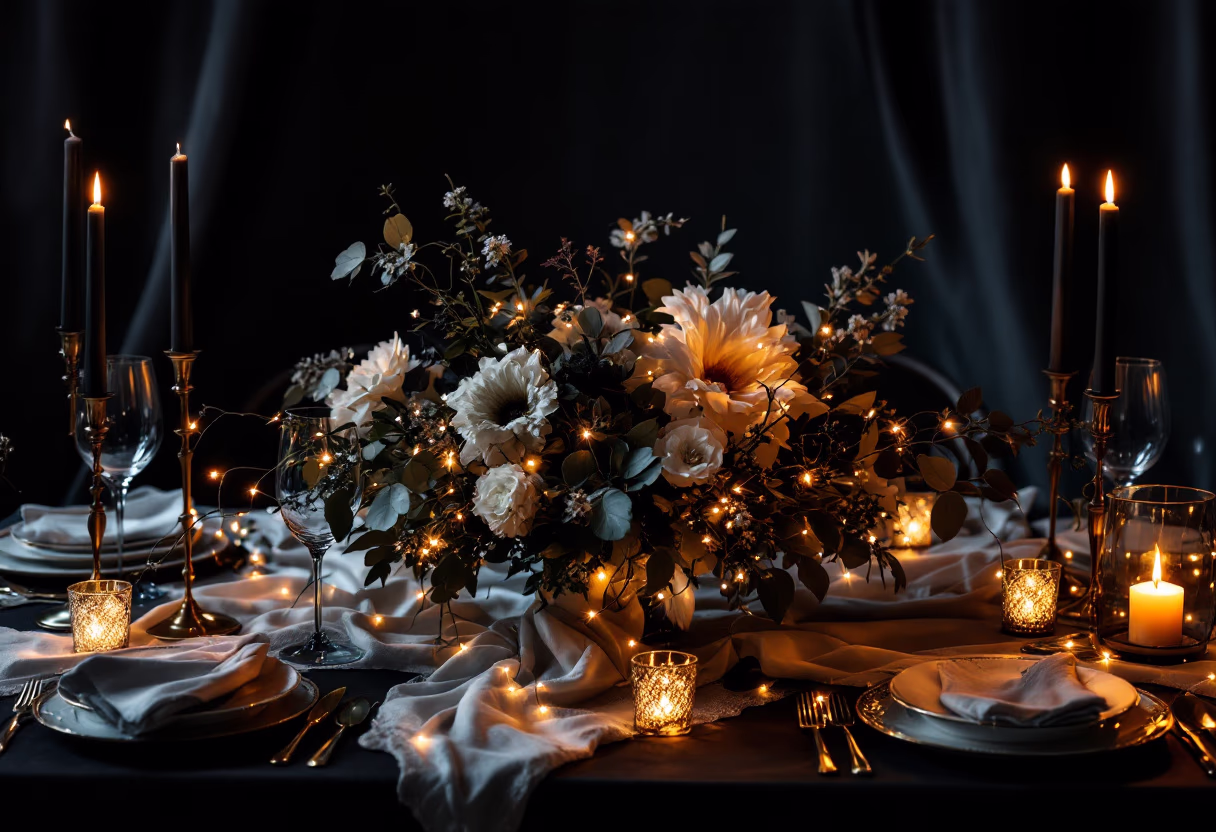 image of event decoration with lights (for a wedding planning service)