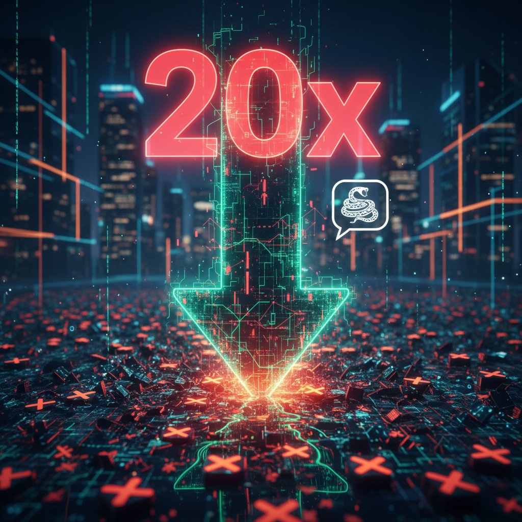 A stylized XRP logo overlaid on a bearish candlestick chart, depicting a downward trend and a red '20x' leverage symbol, with a concerned investor observing market data.