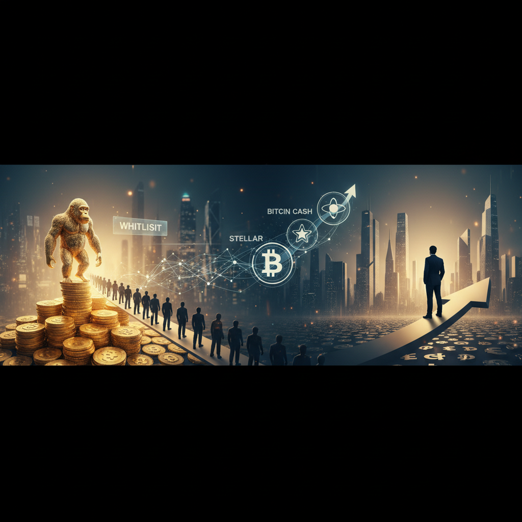 Digital currencies swirling around a dynamic graph, representing both volatile new altcoin launches and steady growth of established cryptocurrencies like Stellar and Bitcoin Cash.