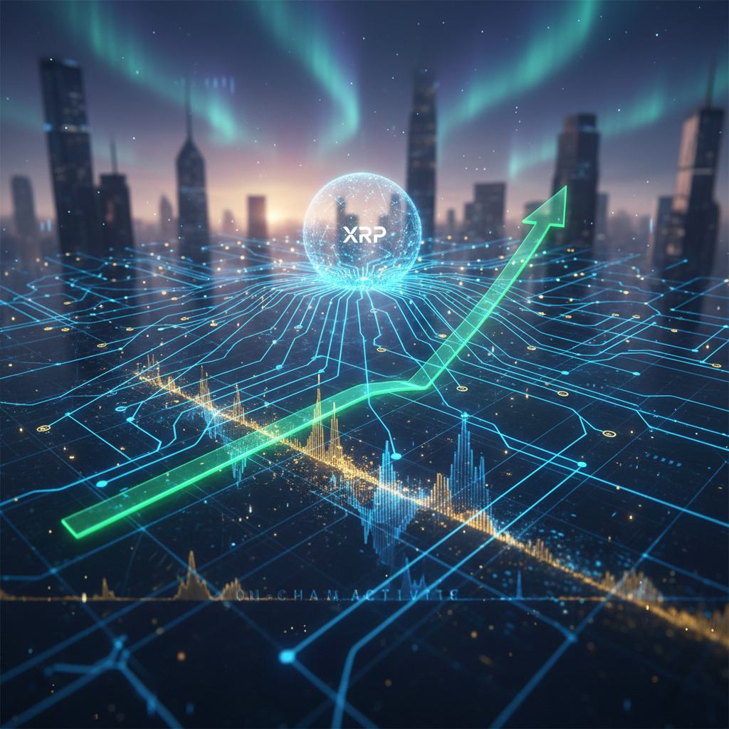 A graphic representation of the XRP logo with upward trending data charts in the background, symbolizing on-chain activity and growth.