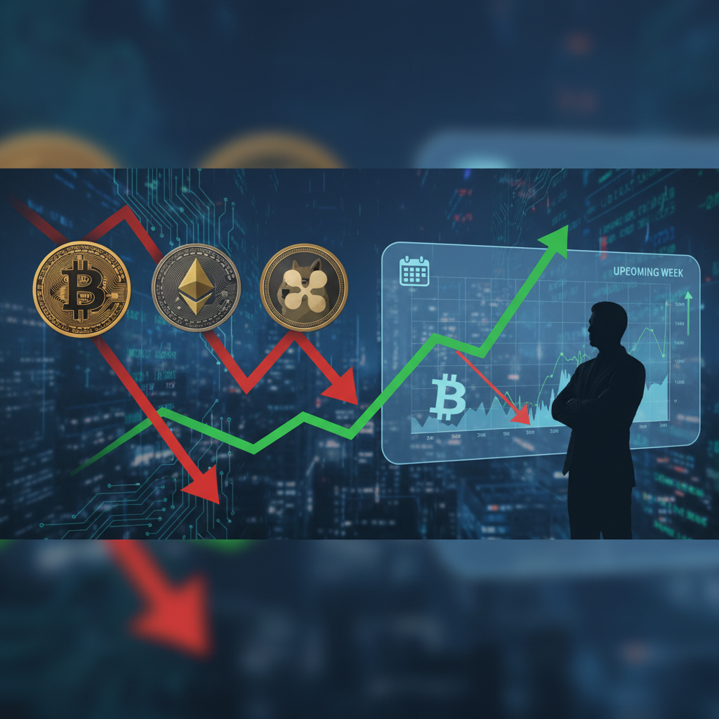 A cryptocurrency chart showing downward trends for Bitcoin, Ethereum, and Dogecoin, with an upward trend for XRP, indicating market volatility.