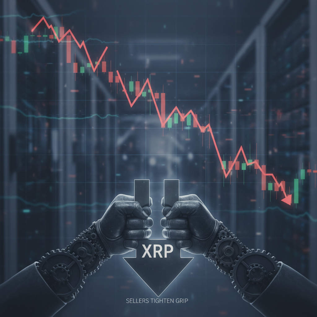 XRP token on a digital screen showing a downward trend with a red arrow.