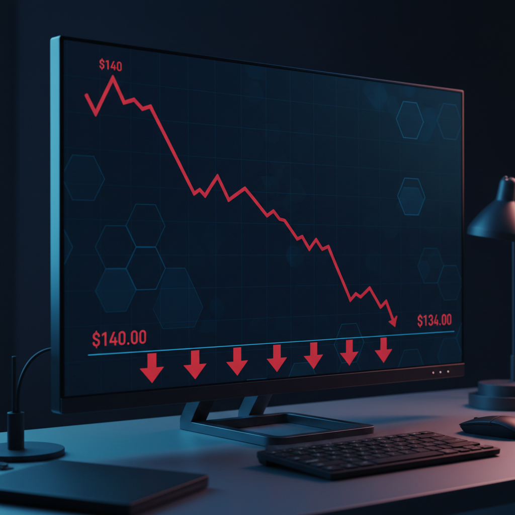 A stylized graphic showing Solana's logo on a downward trending chart, with a background of crypto market volatility.
