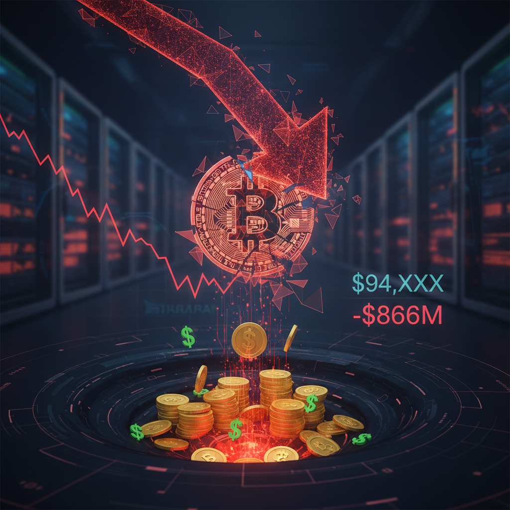 Bitcoin price chart showing a sharp decline with red candlesticks, illustrating market volatility and ETF outflows.