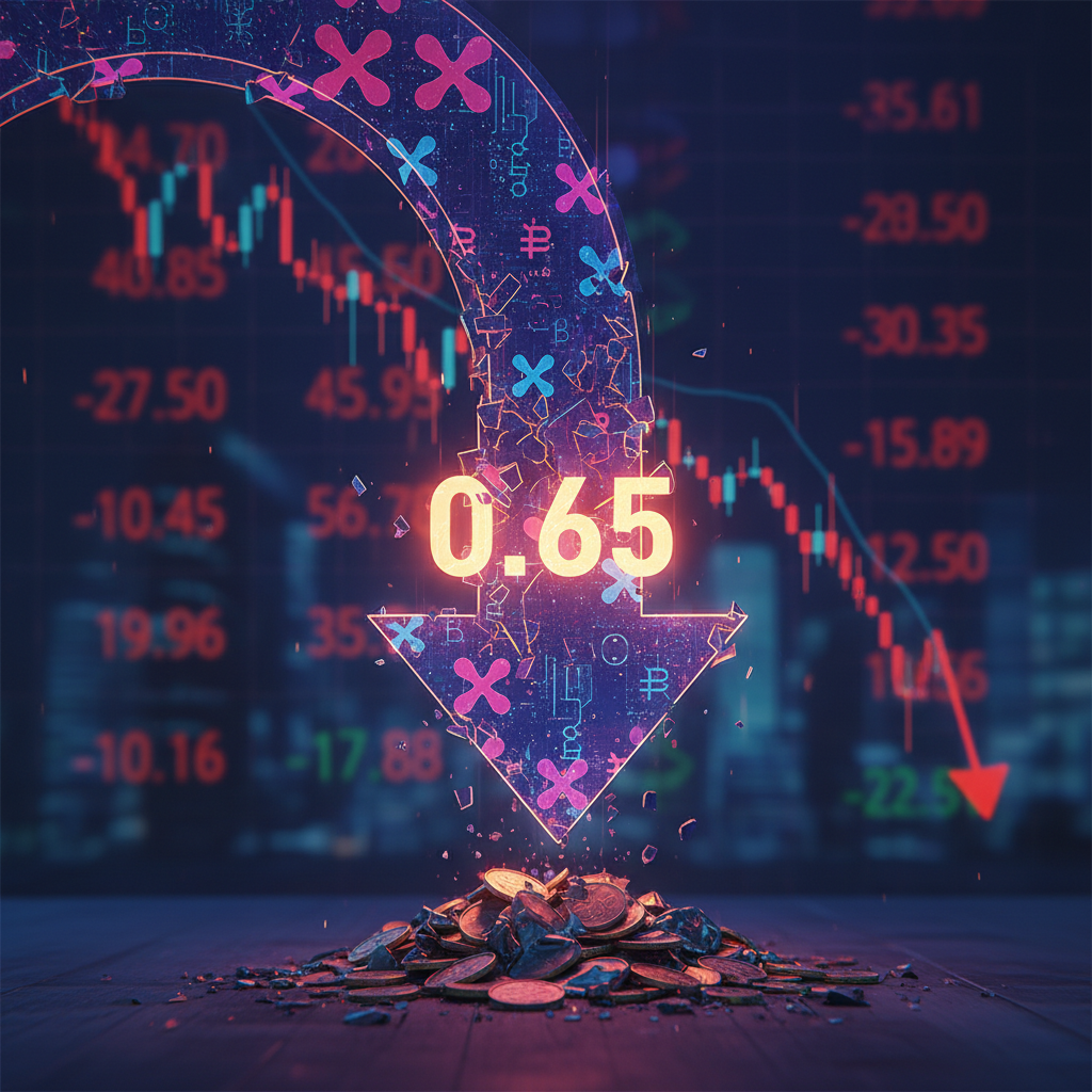 A digital representation of the XRP cryptocurrency logo overlaid on a candlestick chart showing price fluctuations and potential support levels.