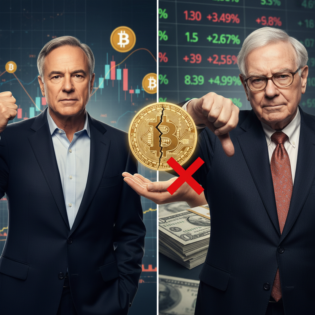 Warren Buffett and Robert Kiyosaki debating the nature of Bitcoin and traditional finance.