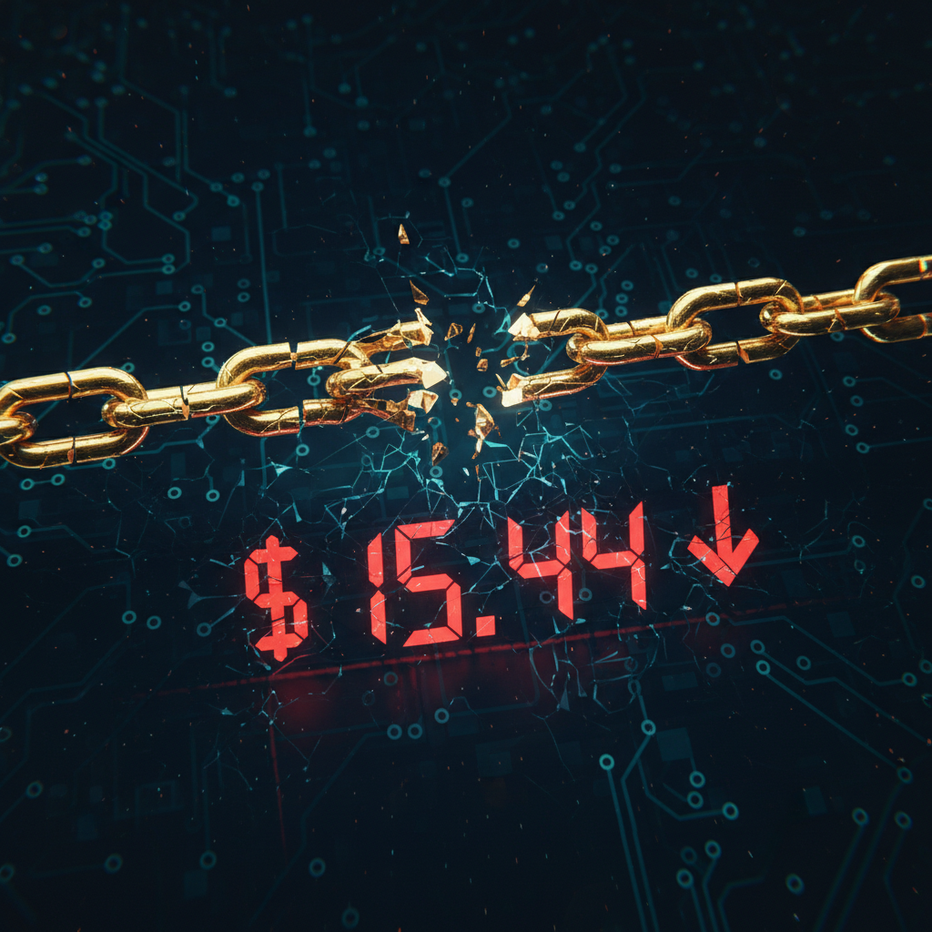 A digital chart displaying Chainlink (LINK) price action, highlighting a significant drop below the $15.44 support level.