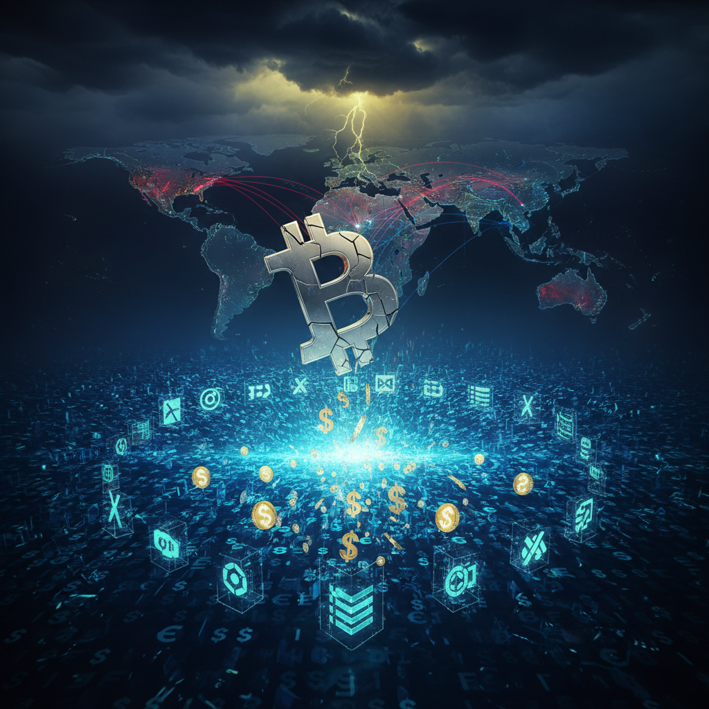 Bitcoin price chart showing a steep decline with candles, alongside a digital representation of a billion dollars.