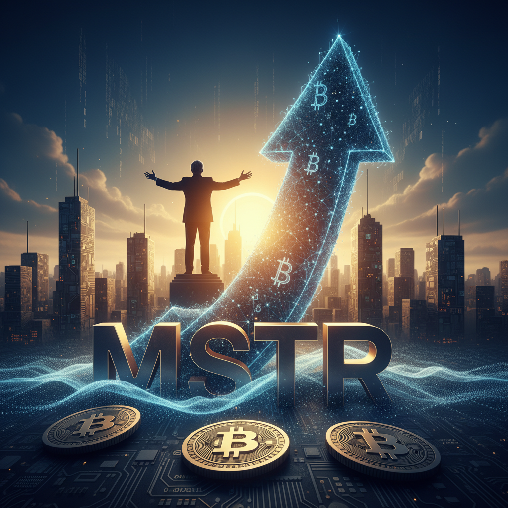 A stylized image of Bitcoin's logo in the foreground with MicroStrategy's MSTR stock chart in the background.
