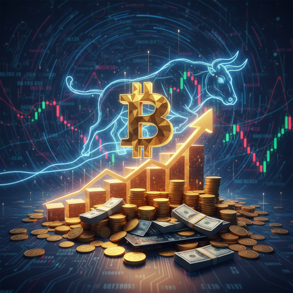 A conceptual image of Bitcoin accumulating, representing Strategy's growing holdings and long-term investment vision.