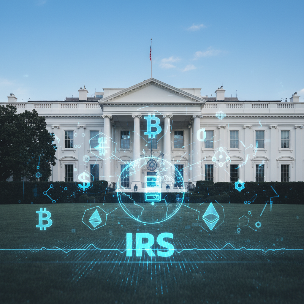 A stylized image showing the White House and a cryptocurrency coin, representing new government rules on digital assets.