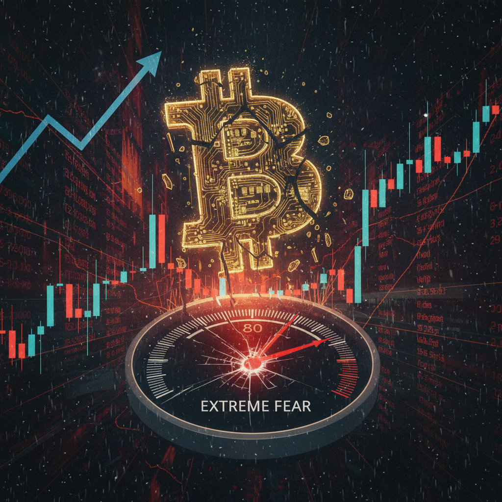 A Bitcoin logo hovering over a chart showing market fluctuations, with various economic news headlines in the background.
