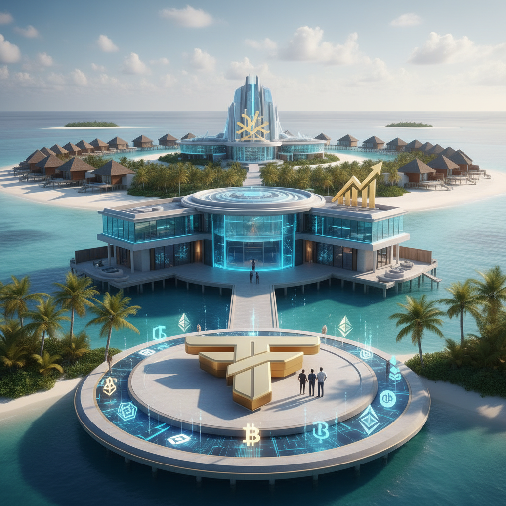 An aerial view of a stunning luxury resort in the Maldives, where the Trump Organization is offering crypto-backed ownership stakes.