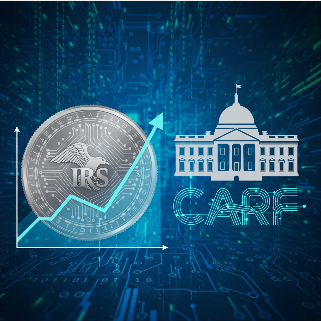 Digital illustration showing tax forms and cryptocurrency symbols, representing global crypto tax reporting changes.