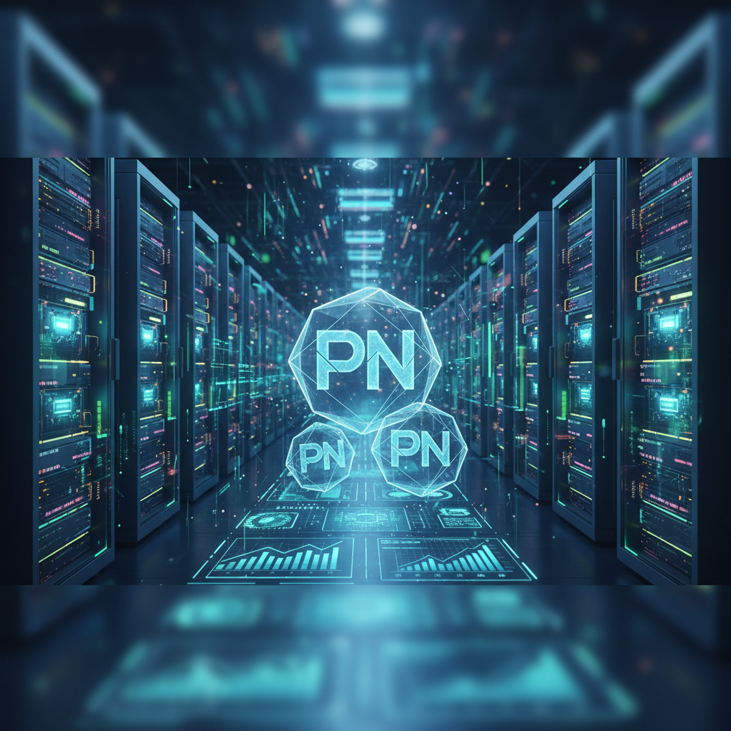 Illustration of PEPENODE's virtual mining concept with digital tokens and a stylized network, highlighting passive income.