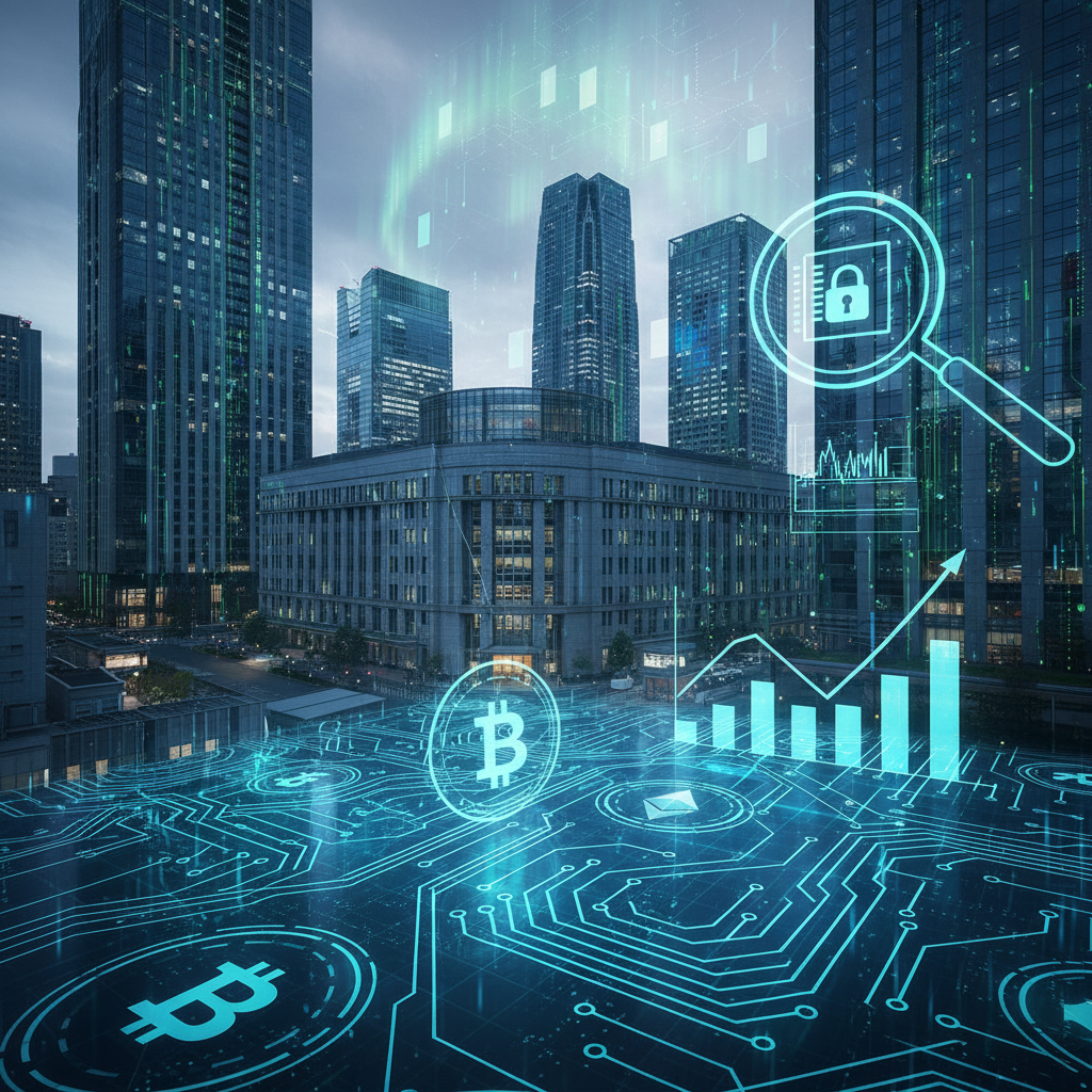 A graphic showing the Tokyo Stock Exchange building with cryptocurrency symbols overlaid, representing new audit rules in Japan.