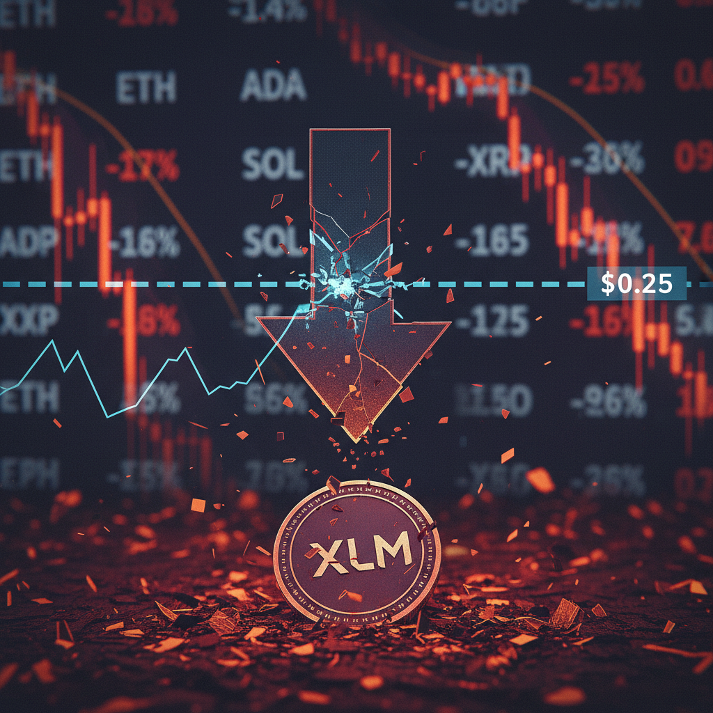 A chart showing the price performance of Stellar's XLM token with a downward trend, reflecting a break in support.