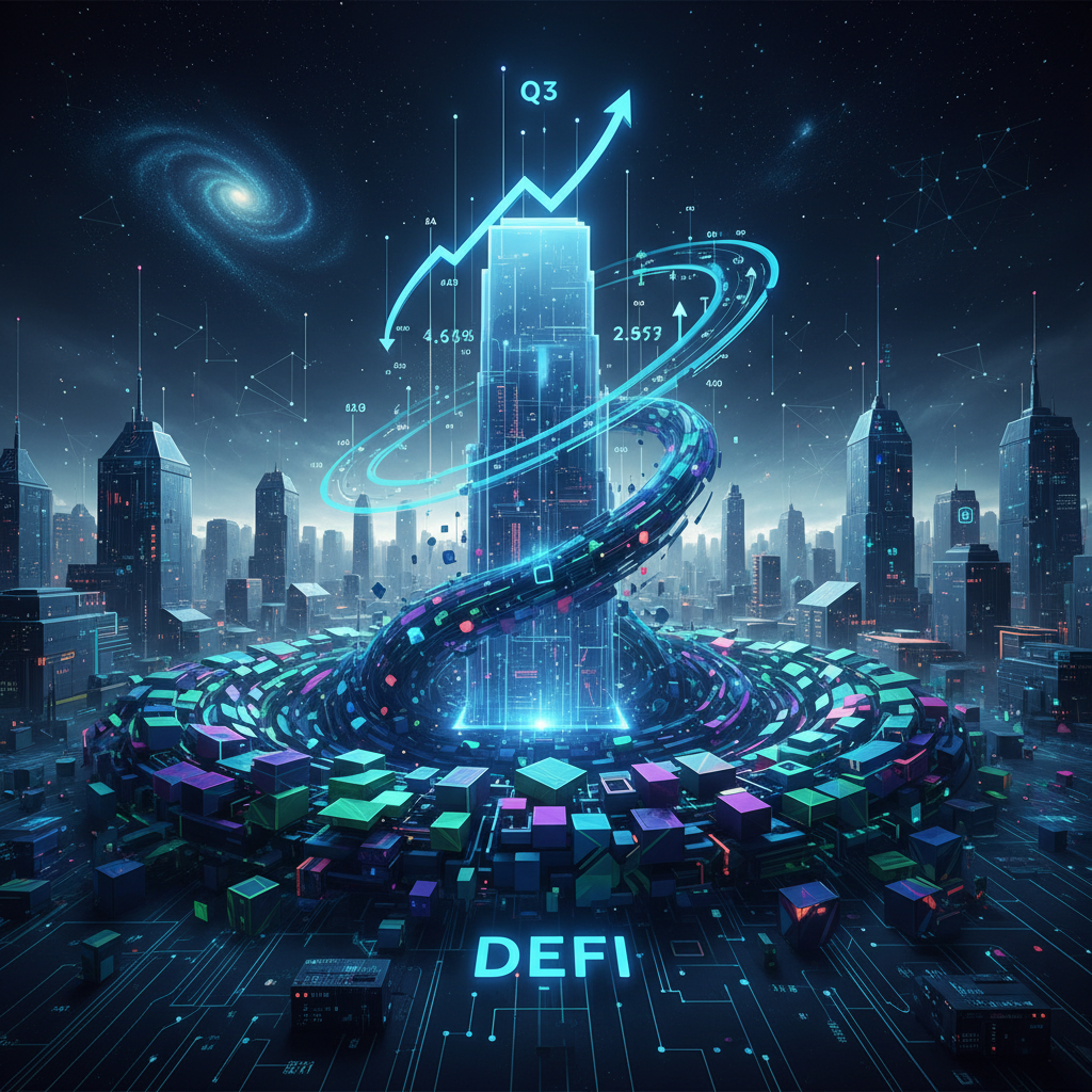 A dynamic chart showing crypto leverage growth over time, with DeFi symbols indicating increased market safety.