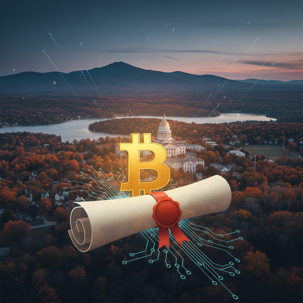 A stylized image of Bitcoin symbols overlaid on a map of New Hampshire, representing the state's pioneering finance efforts.