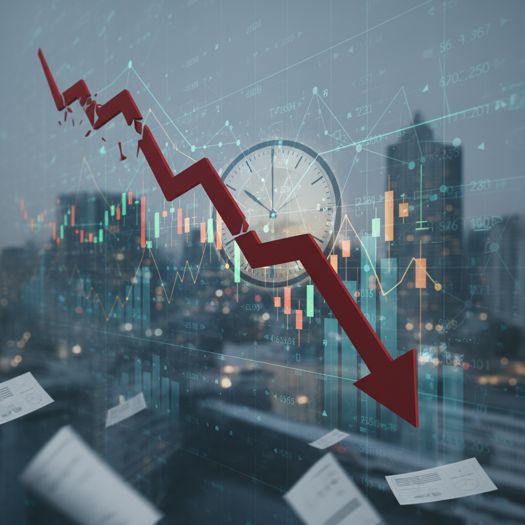 A confused looking person sitting in front of a computer screen with financial charts and graphs, representing uncertainty in the market.