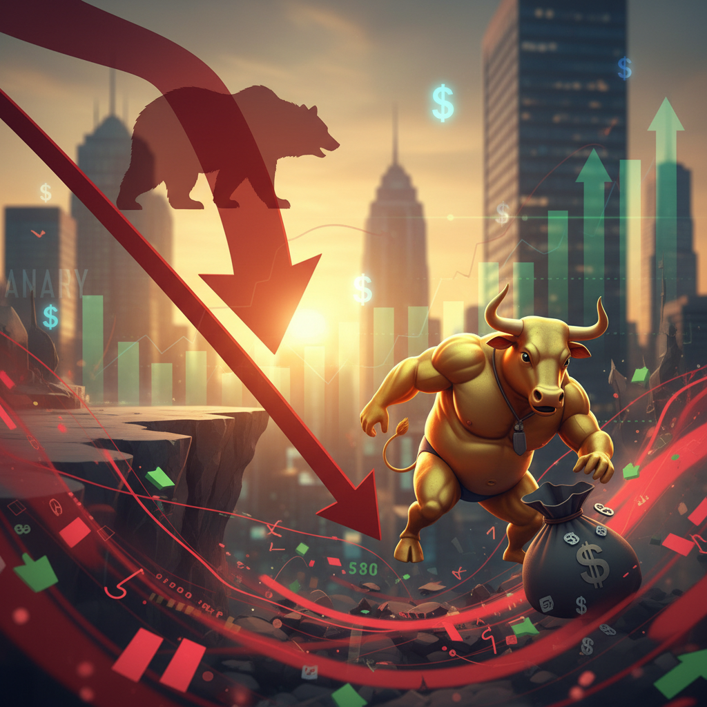 A bullish stock market chart showing a dip despite positive earnings news for a crypto company.