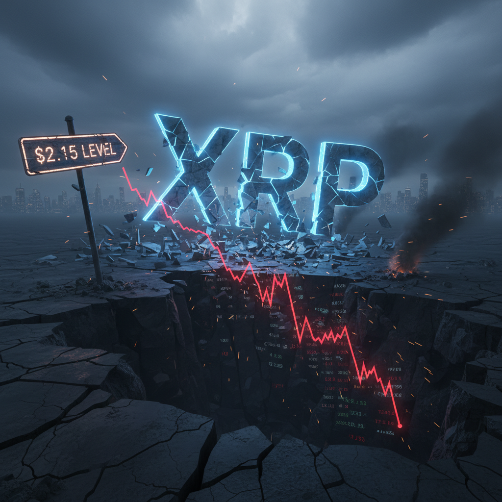 A chart showing XRP's price decline with a significant support level breaking, symbolizing bearish market conditions.