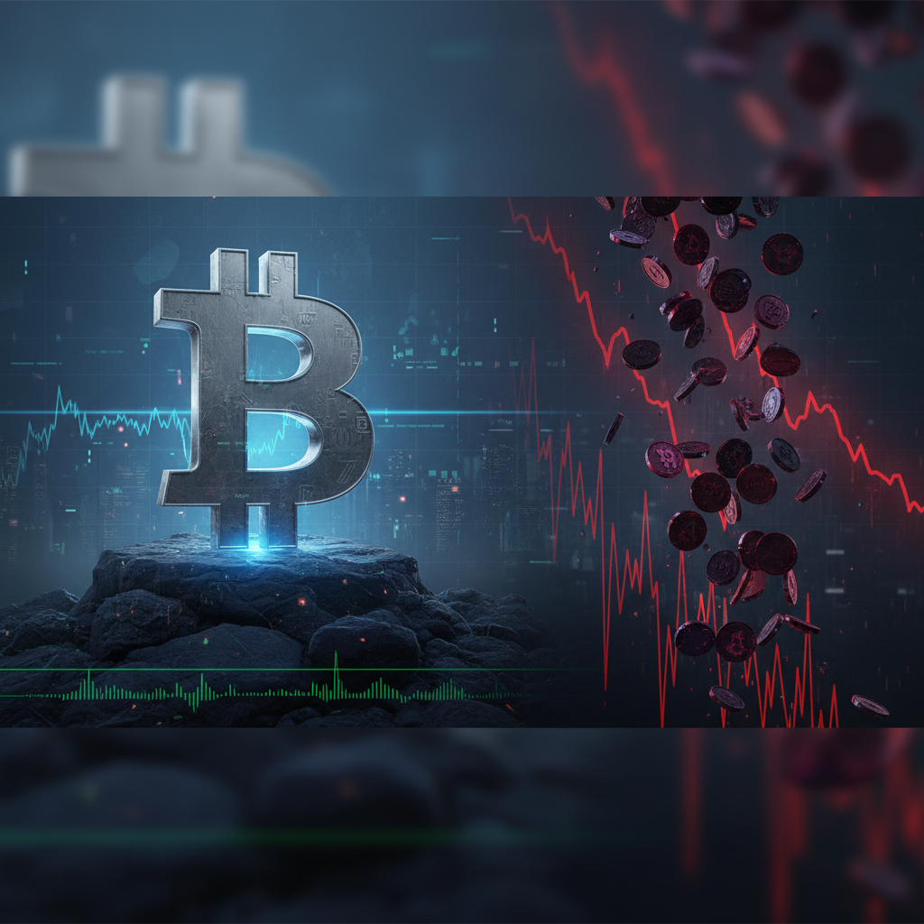 Bitcoin chart showing steady price while altcoin charts show declines, symbolizing market divergence.