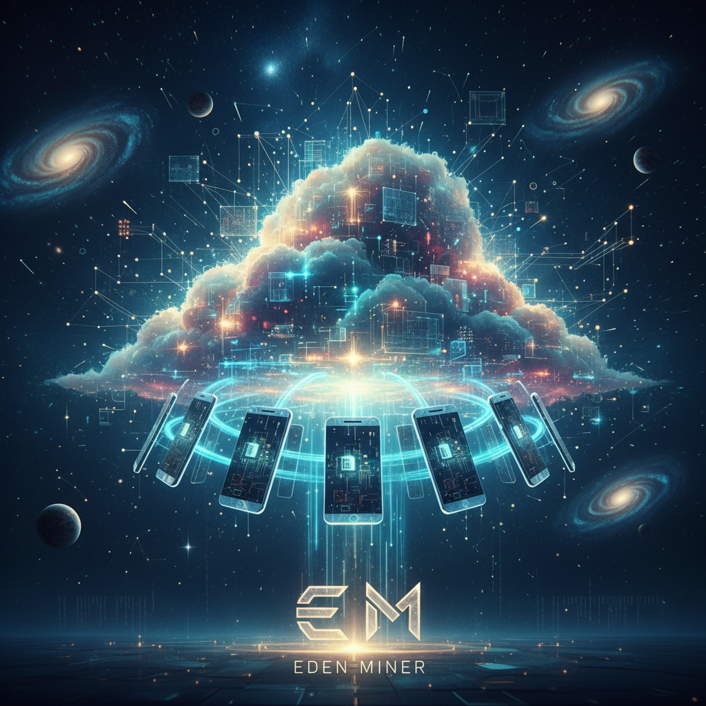 A smartphone displaying the Eden Miner app interface with various crypto icons and a futuristic mining graphic.