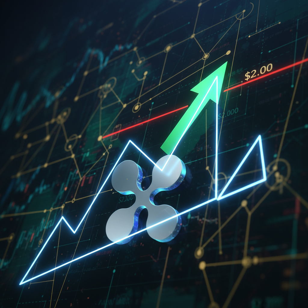 A chart showing XRP price action, consolidating within a pennant pattern around the $2 support level.