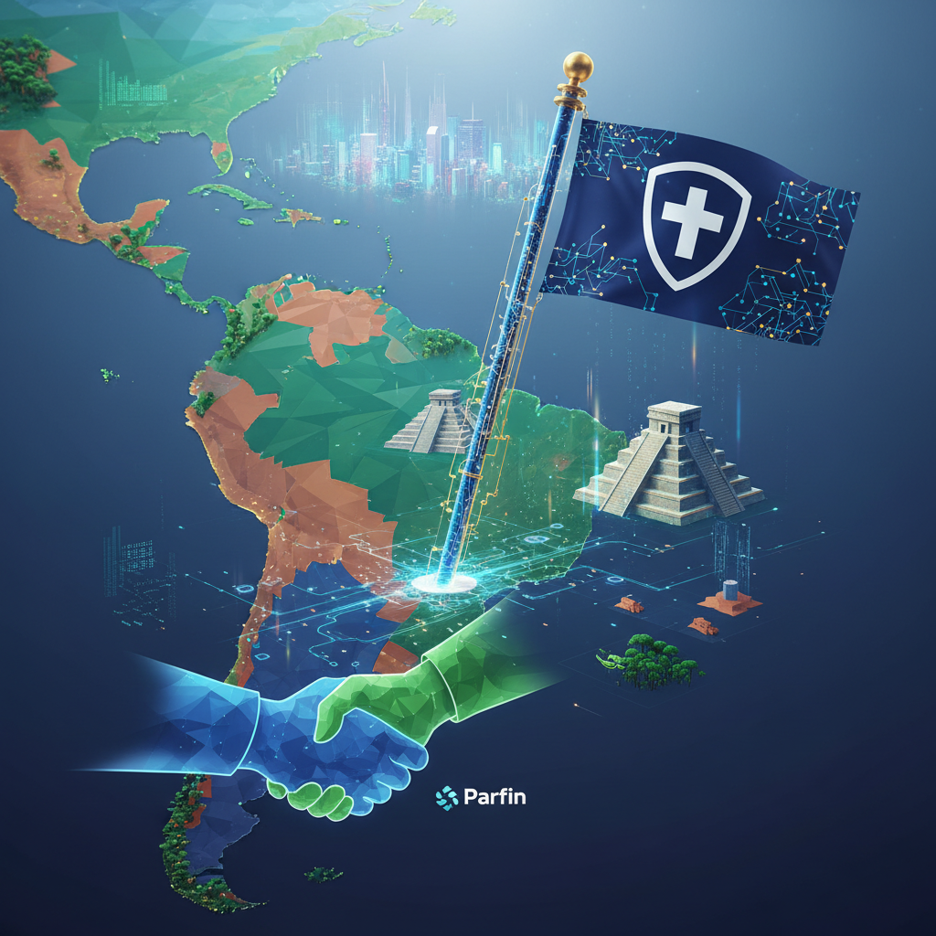 A map of Latin America with the Tether logo prominently displayed, symbolizing its expansion into the region through the Parfin acquisition.