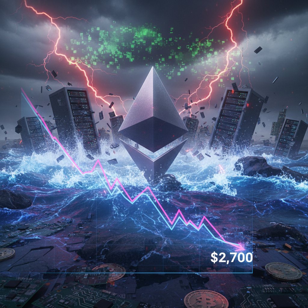 A crypto chart showing a significant price drop for Ethereum, with a red downturn arrow.