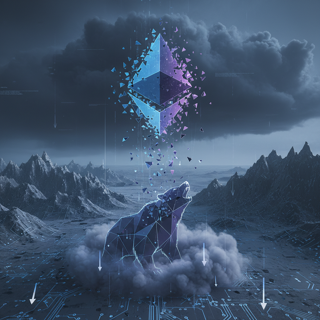 A chart showing Ethereum's price declining, with red candles and descending trendlines.