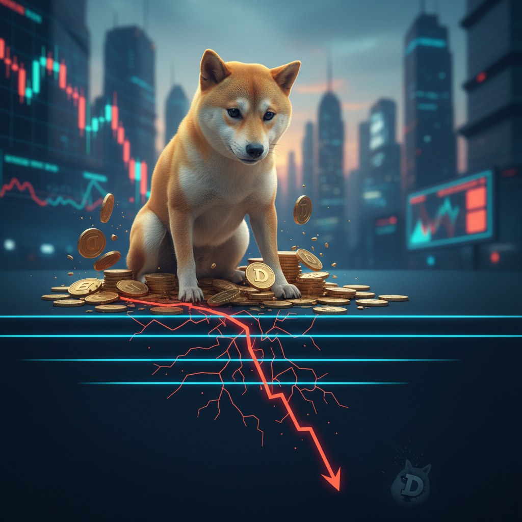 Dogecoin logo on a digital screen showing a falling price chart, illustrating market downturn.
