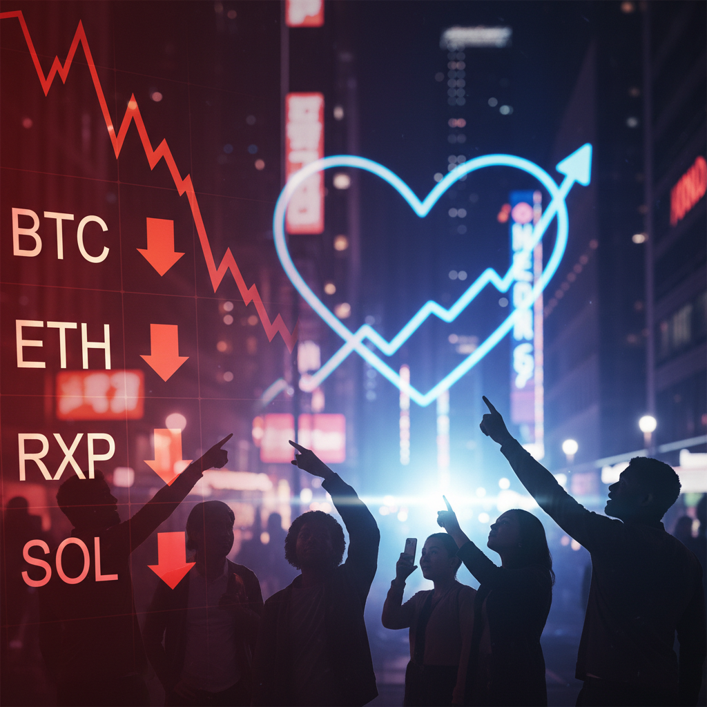 Cryptocurrency market chart showing red candles and a downward trend, representing a market dip with high investor interest.