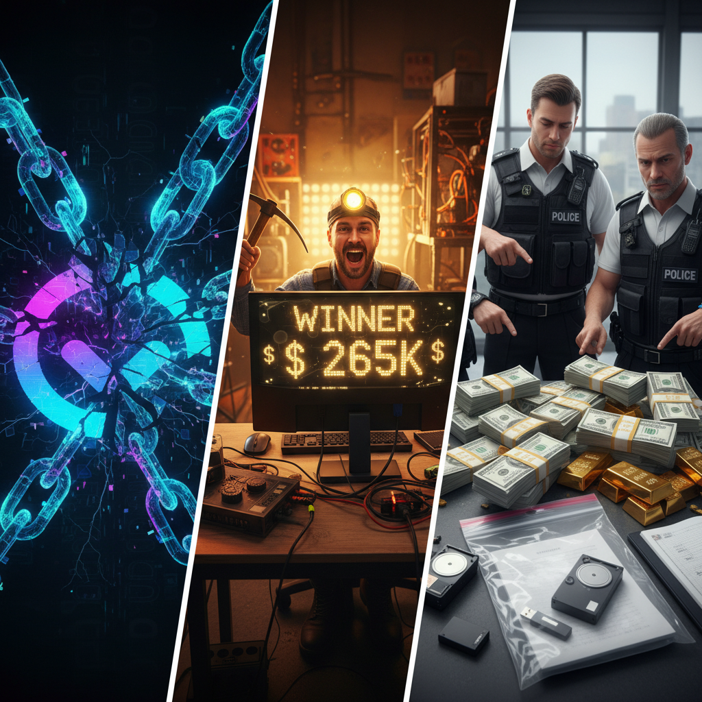 Illustration showing a blockchain network split, a Bitcoin coin, and a police badge, representing the week's crypto news.