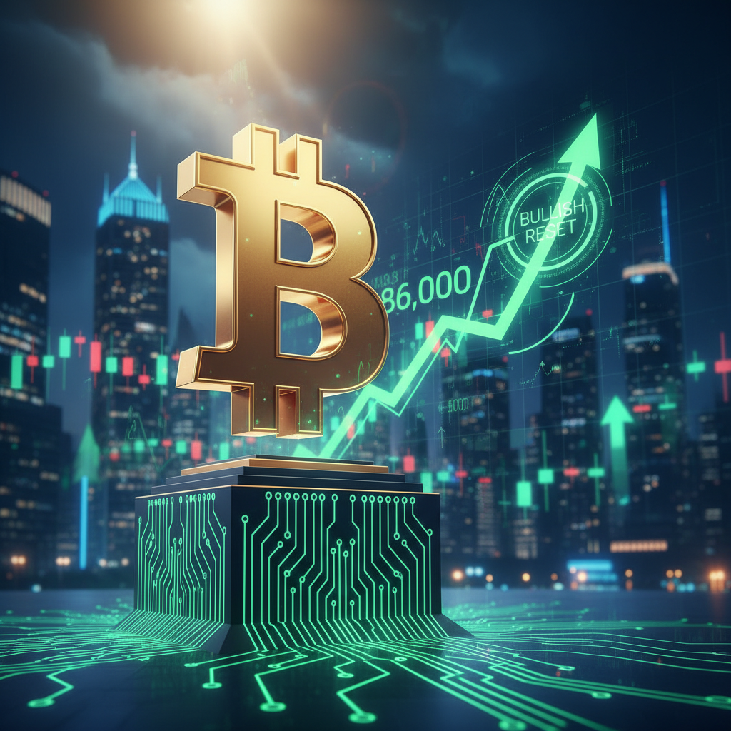 A graphic showing a Bitcoin price chart with an upward trend arrow, symbolizing a potential market rally and bullish reset.