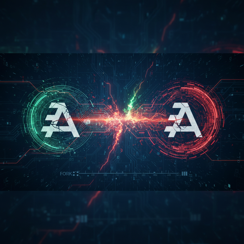 A conceptual image showing a branching path representing the Cardano blockchain fork, with the Cardano logo visible.