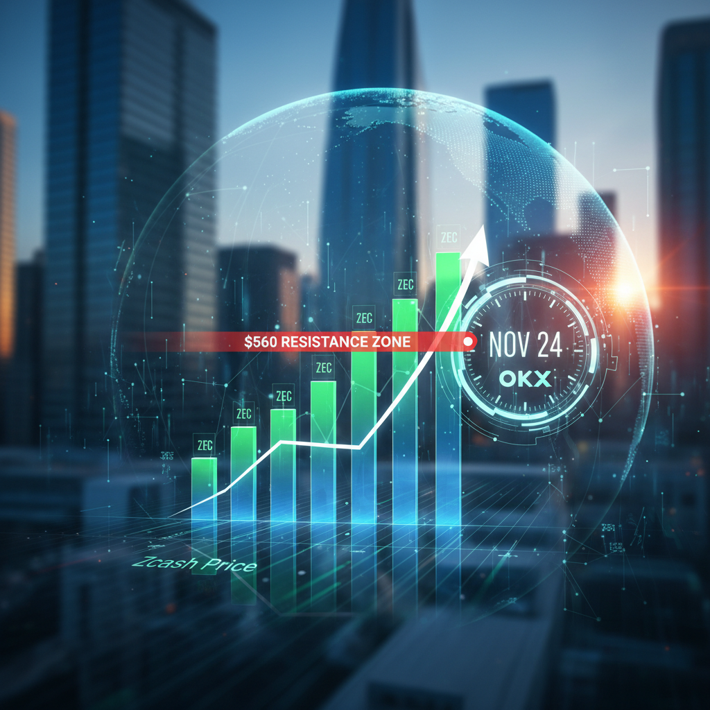 A chart showing the Zcash (ZEC) price with an upward trend line pointing towards a resistance zone.